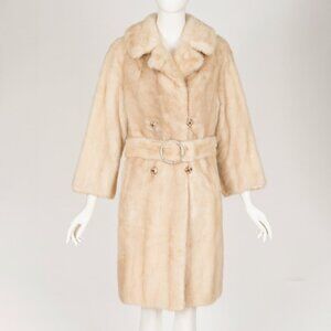 1960s Vintage Genuine Blonde Mink Fur Double-Breasted Belted Coat Sz XS/S
